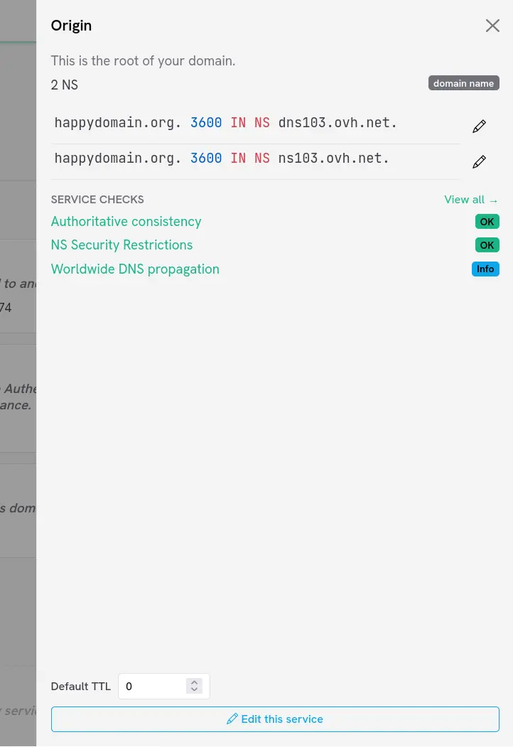 The service details panel
