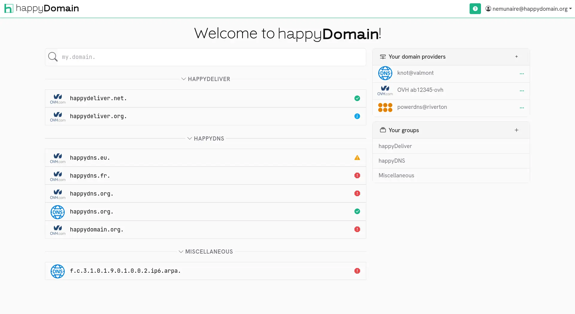 The domains managed by happyDomain