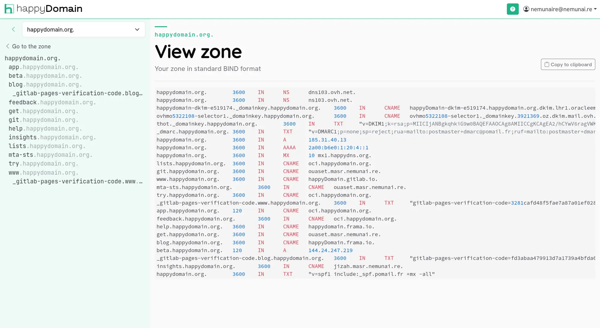 The zone displayed in standard BIND format, with syntax highlighting and a copy-to-clipboard button