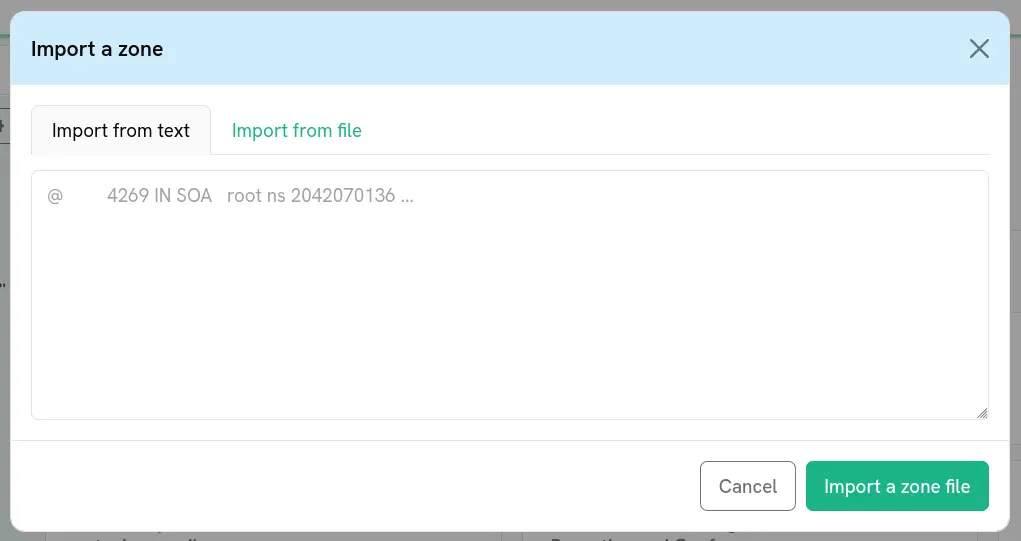 The import zone dialog, with the &ldquo;From text&rdquo; and &ldquo;From a zone file&rdquo; tabs
