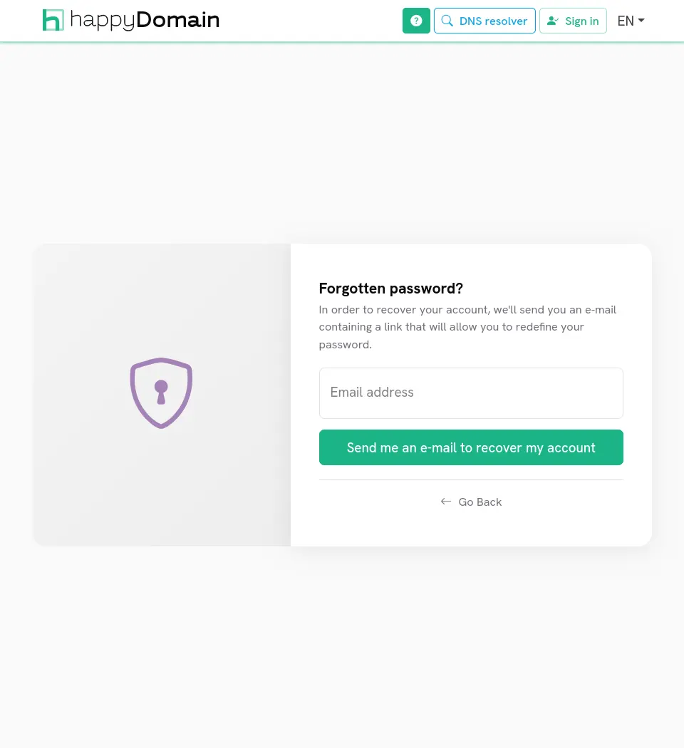 The happyDomain forgotten password page