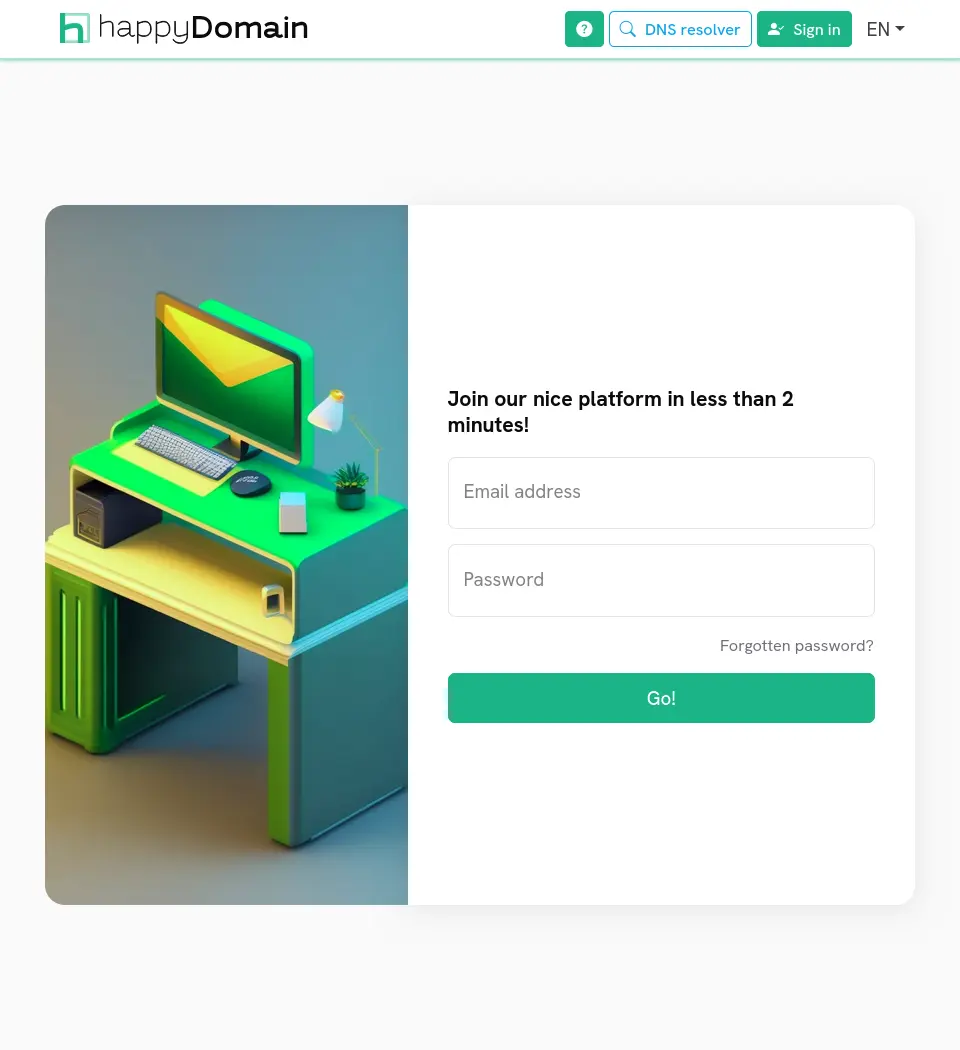 The happyDomain login page