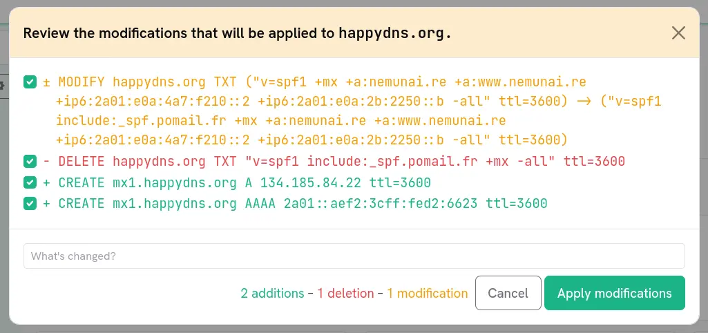 The diff window listing colour-coded changes with their summary