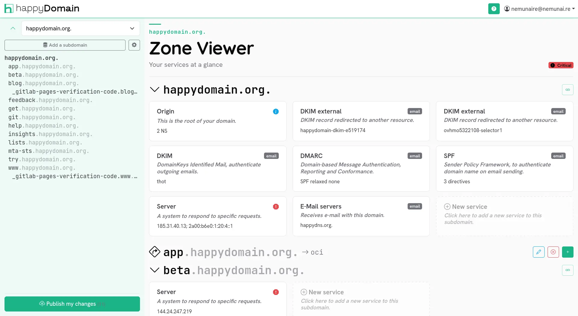 A subdomain showing several services in the zone editor