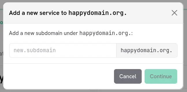 The new-subdomain creation dialog